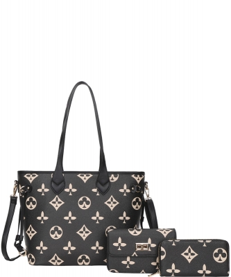 3in1 Print Tote Bag W Crossbody and Wallet Set DH-8091-S BLACK